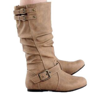 Top Moda Taupe Slouch Mid-Calf Boots – Round Toe Buckle Detail Flat Heel Casual
